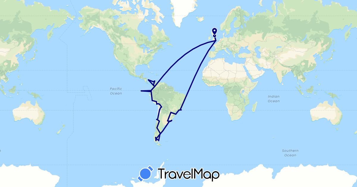 TravelMap itinerary: driving in Argentina, Bolivia, Brazil, Chile, Colombia, Ecuador, United Kingdom, Peru, Uruguay (Europe, South America)